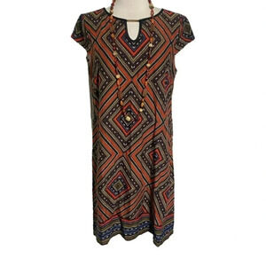Signature Camryn Shift Dress 12 Orange Geometric Tribal Keyhole Cap Sleeve